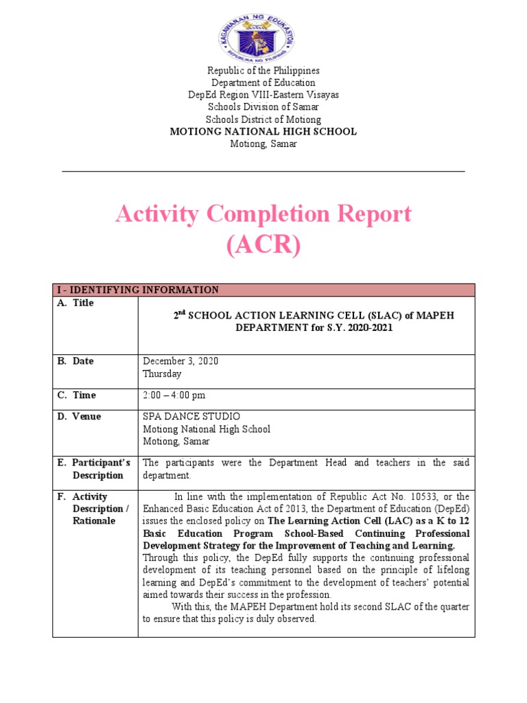 ACR for MAPEH SLAC Activity 2020-2021 | PDF | Learning | Human Nature