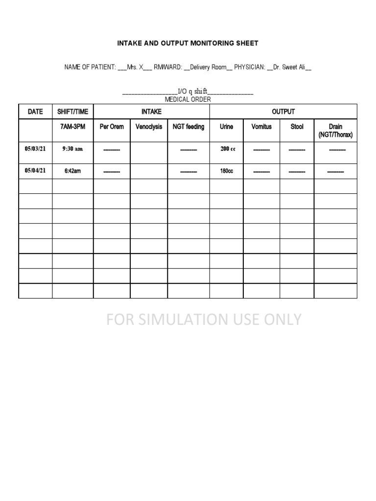 Intake and Output Monitoring Sheet