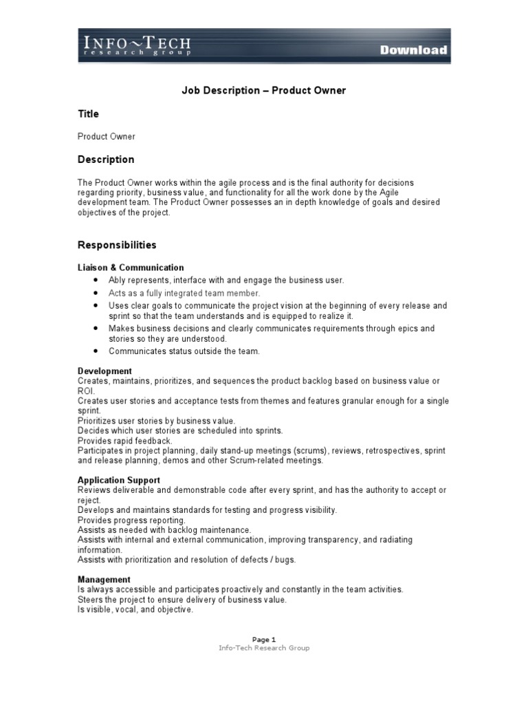 Product Owner Job Description | Download Free PDF | Scrum (Software ...