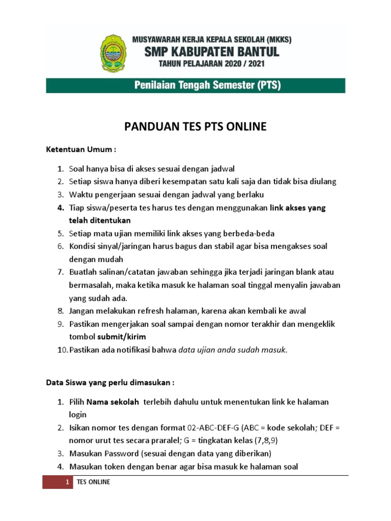 Panduan Tes PTS Online Siswa | PDF
