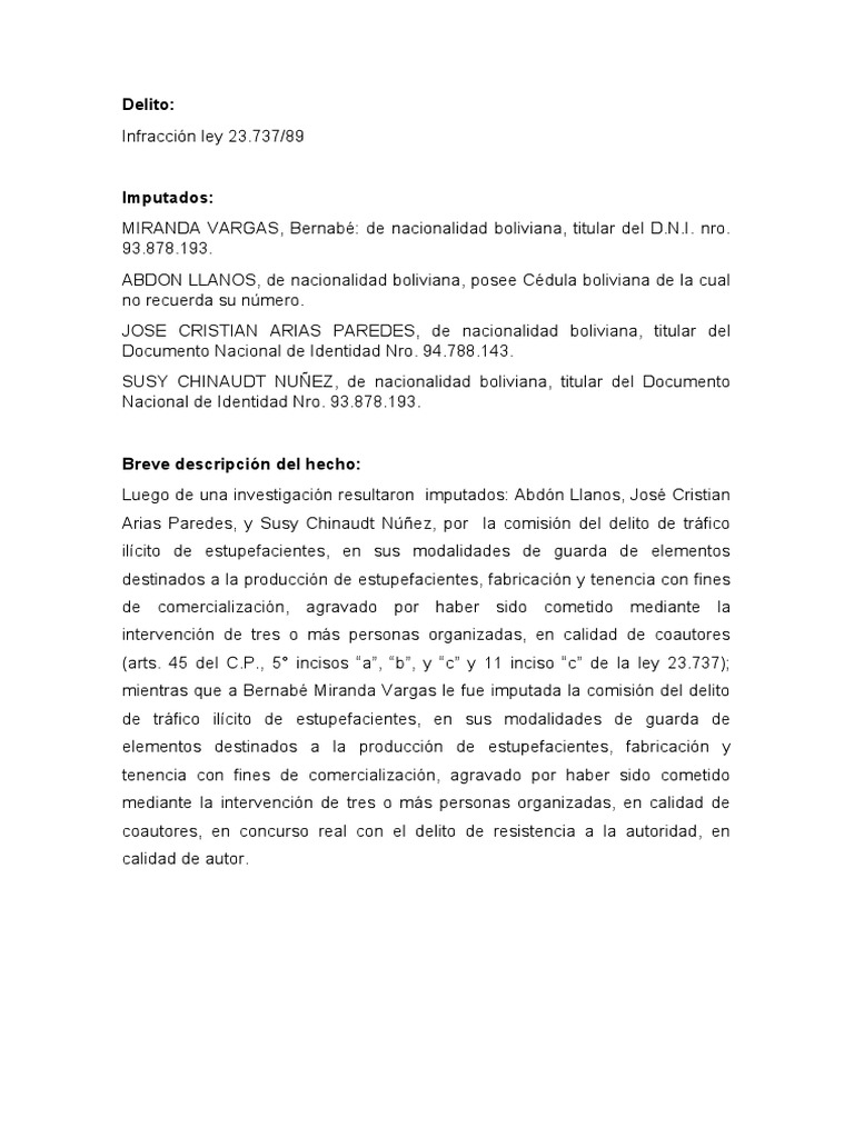 CASO MIRANDA VARGAS Y OTROS Sobre INFRACCION LEY 23737 PDF