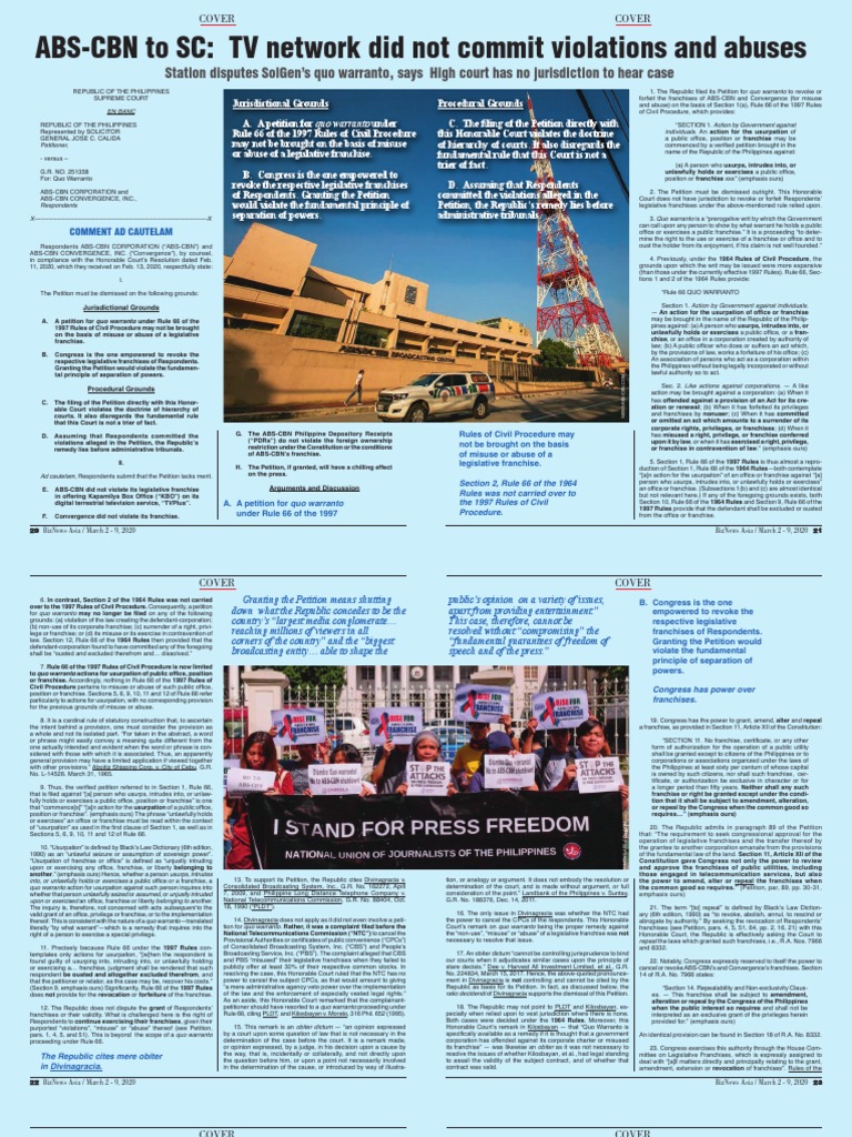 ABSCBN To SC TV Network Did Not Commit Violations and Abuses PDF