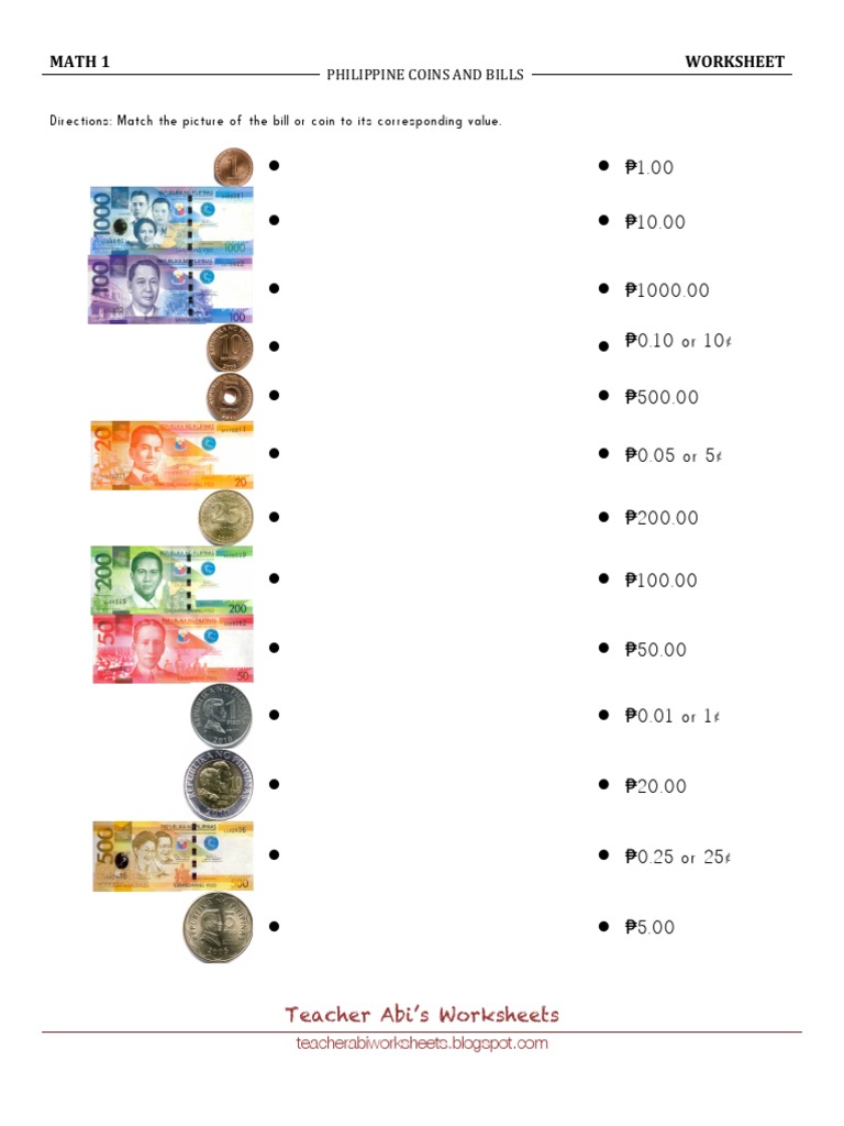 Math 1 - Philippine Bills and Coins - 1 | PDF
