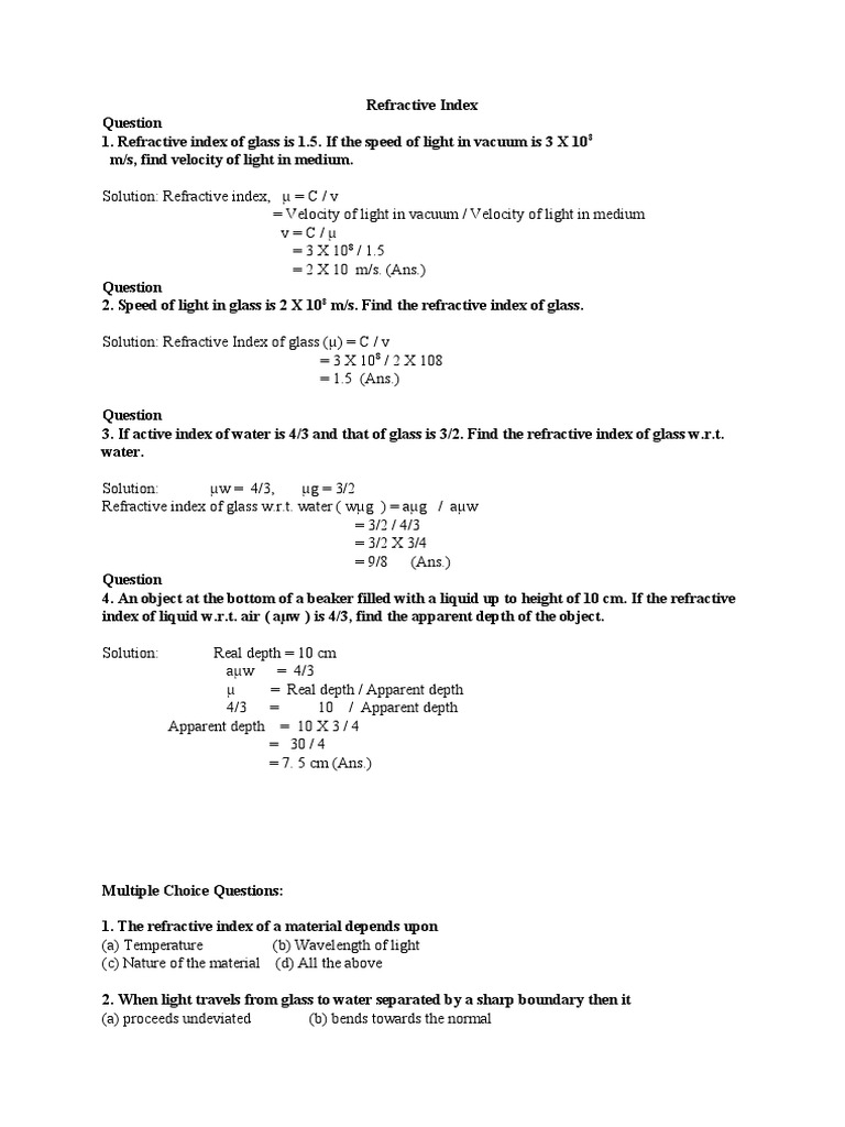 Refractive Index PDF Refraction Refractive Index