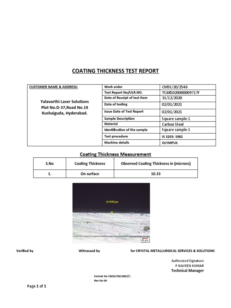 Coating Thickness Test Report: Yalavarthi Laser Solutions Plot No.D-37 ...