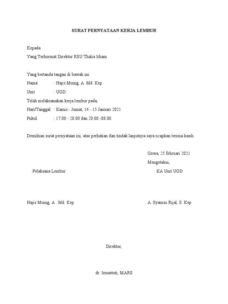 Surat Pernyataan Kerja Lembur PDF