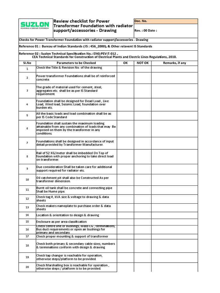 Power Transformer Foundation Checklist | PDF | Transformer | Concrete