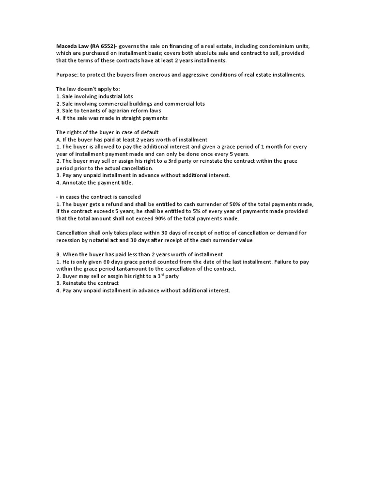 Maceda Law (RA 6552) - Governs The Sale On Financing of A Real Estate ...
