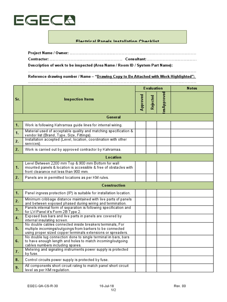 Electrical Panels Installation Checklist PDF Components Electricity