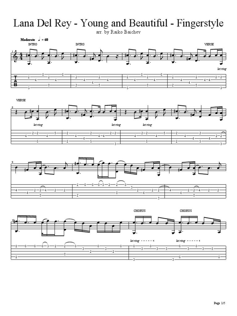 Lana Del Rey Young and Beautiful Fingerstyle Tab PDF