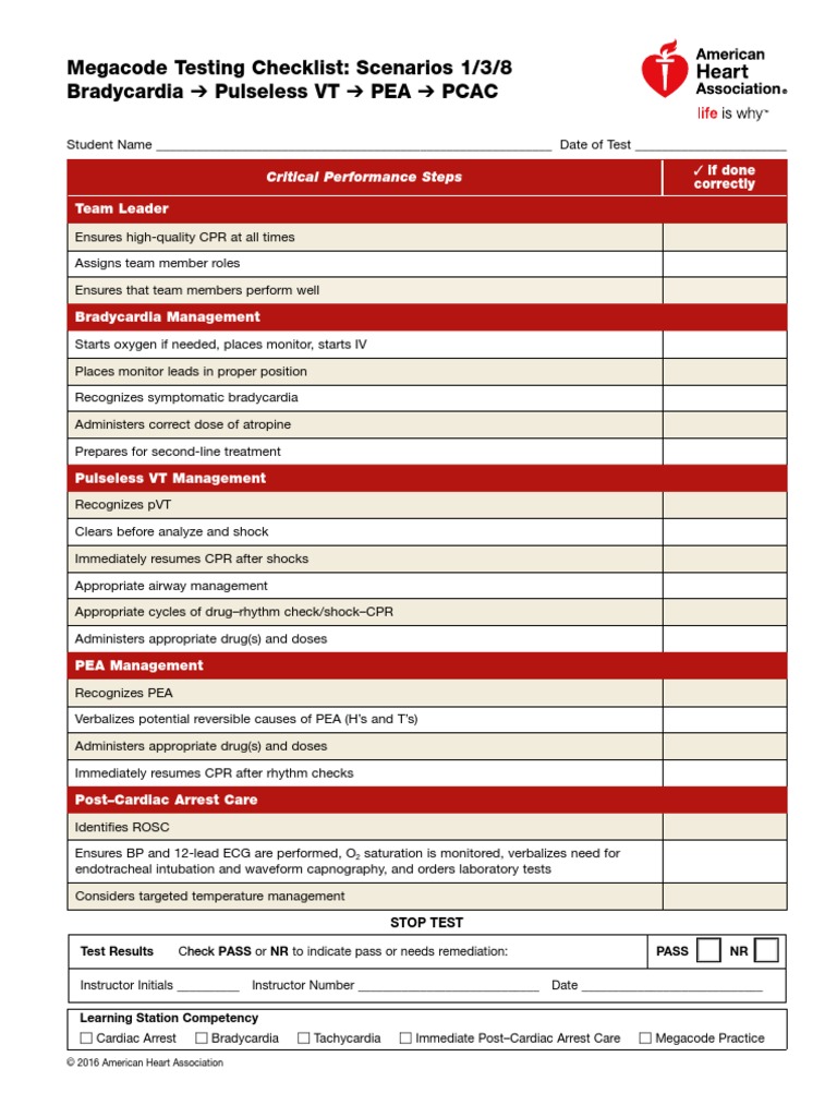 Acls Megacode Testing Checklist Pdf Cardiac Arrest