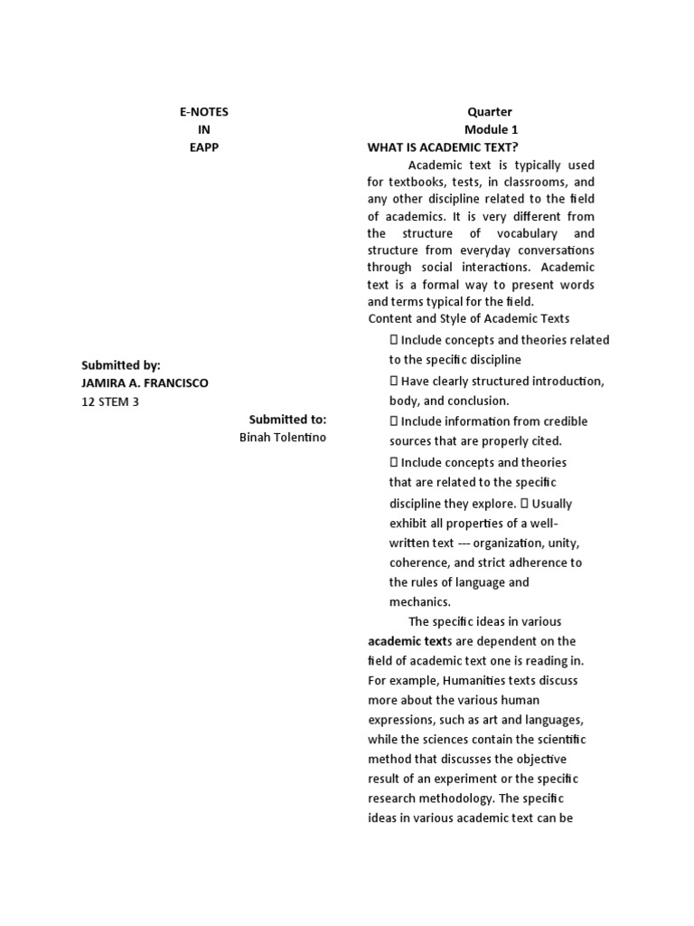E-Notes IN Eapp Quarter What Is Academic Text? | PDF | Concept | Question