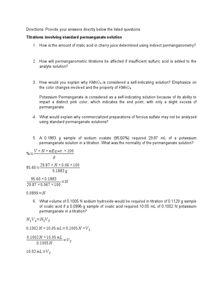 Problem Set On Redox Titrations PDF Iodine Titration