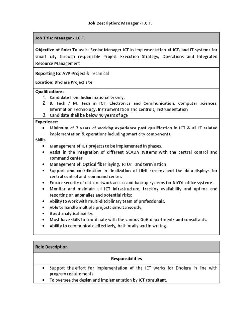 ICT Manager Job Description for Smart City | PDF | Information ...