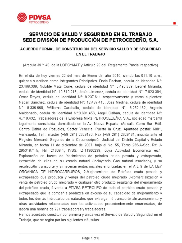 Acta de Constitución del SSST en Petrocedeño | PDF | Seguridad y salud ...
