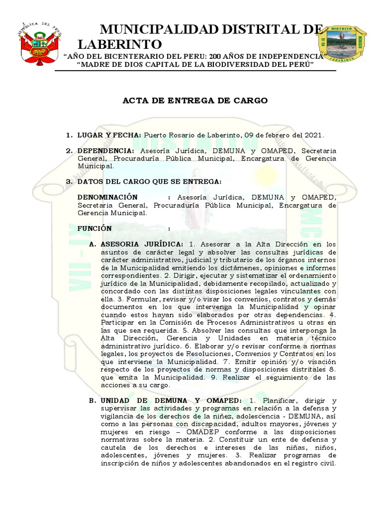 Acta de Entrega de Cargo Municipal | PDF | Alcalde | Gobierno local