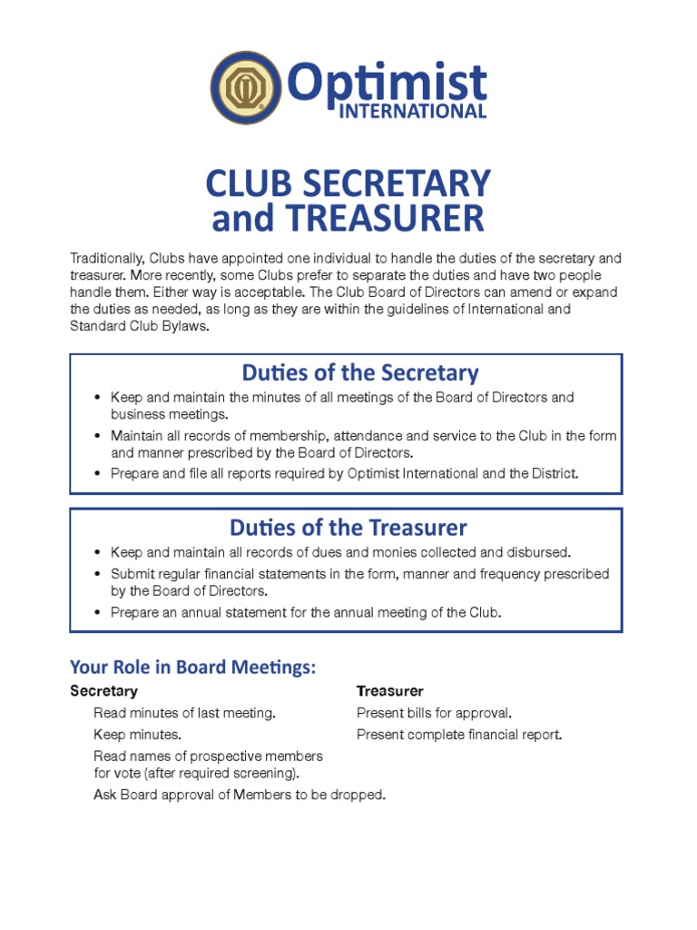 OC Role of Secretary & Treasurer | PDF | Board Of Directors | Financial ...