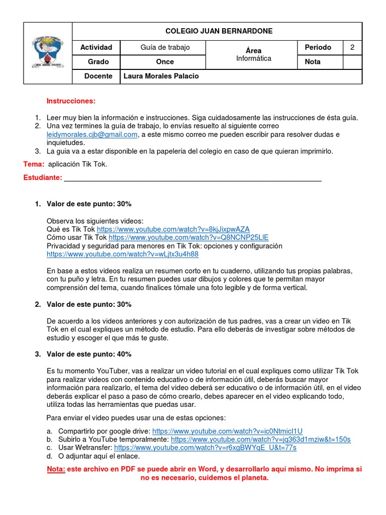 GUÍA TECNOLOGÍA SEGUNDO PERÍODO GRADO ONCE | PDF | Youtube | Informática