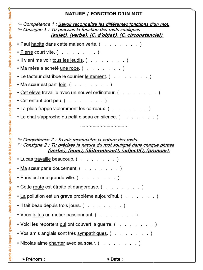 Nature Des Mots Ce1 Exercices Pdf 01 Nature Fonction Mots | PDF | Nature (grammaire) | Verbe