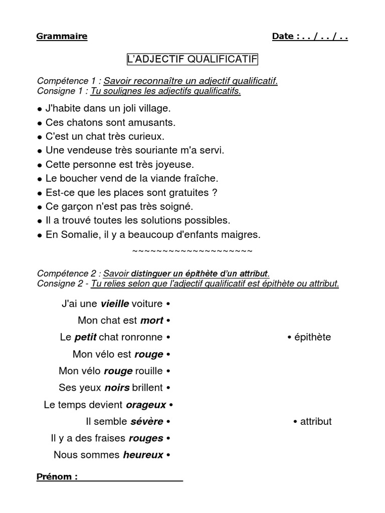 Adjectif épithète Exercices Cm1 Pdf 05 Adjectif Qualificatif | PDF