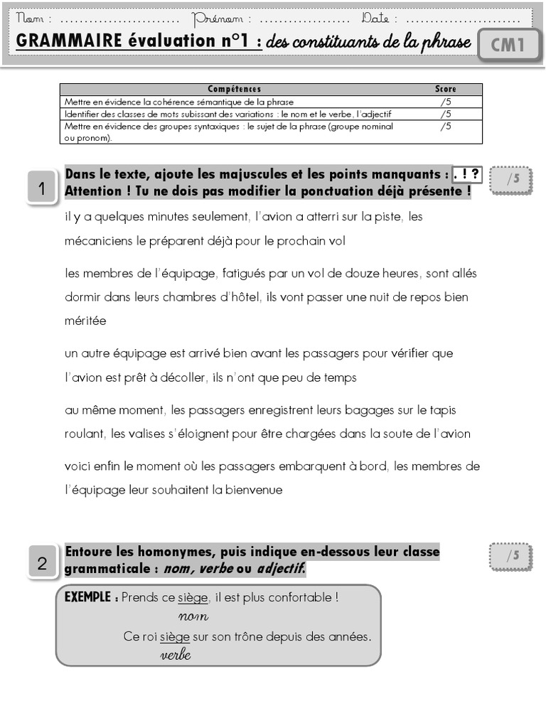 Évaluation de grammaire CM1 : compétences clés | PDF | Phrase | Sujet ...