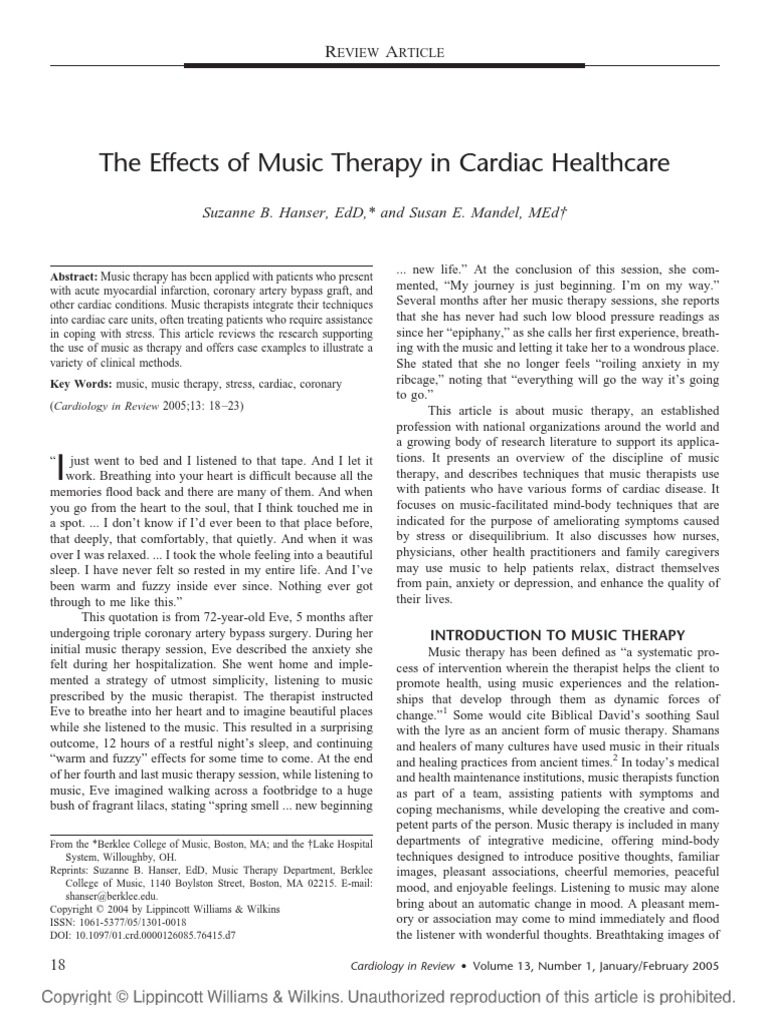 The Effects of Music Therapy in Cardiac Healthcare: Suzanne B. Hanser ...