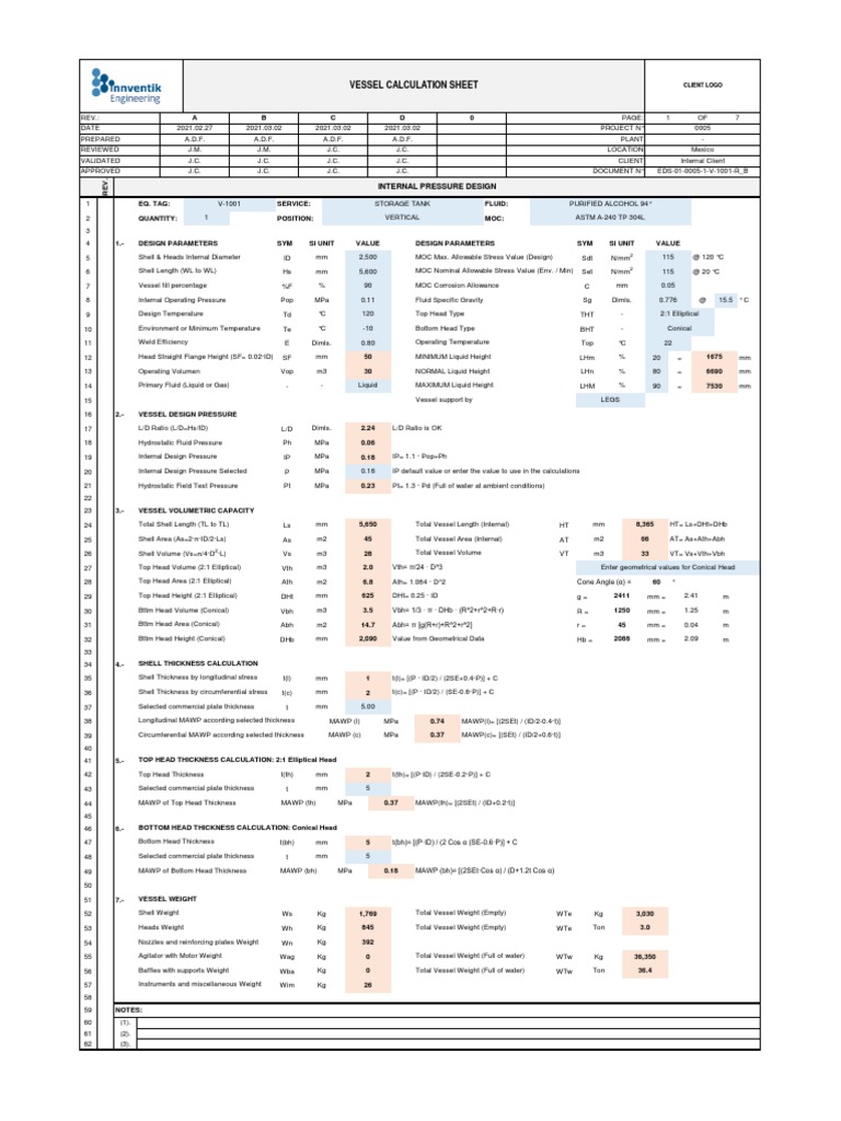 Vessel Calculation Sheet Internal Pressure Design PDF Volume Pressure