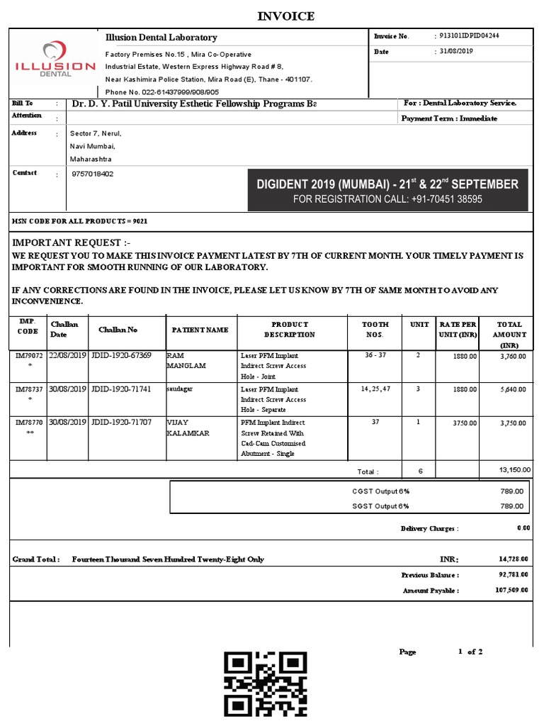 Illusion Dental Lab Invoice Details | PDF | Invoice | Services