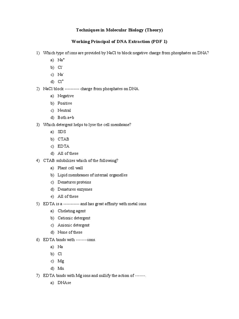 Techniques in Molecular Biology (MCQ) PDF Gel Electrophoresis