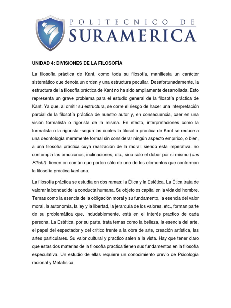 Unidad 4 Divisiones De La Filosofia Pdf Immanuel Kant Hermenéutica