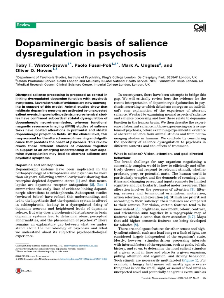 Dopaminergic Basis of Salience Dysregulation in Psychosis - 2014 | PDF ...