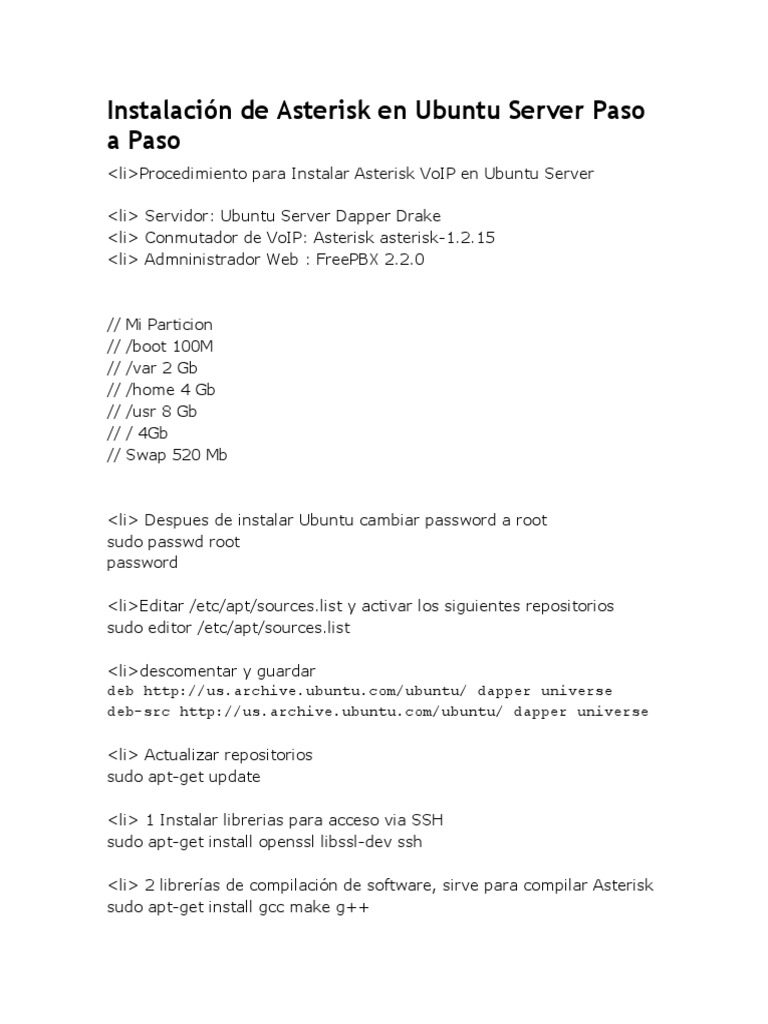 Instalación de Asterisk en Ubuntu Server Paso a Paso PDF Mi sql Servidor HTTP Apache