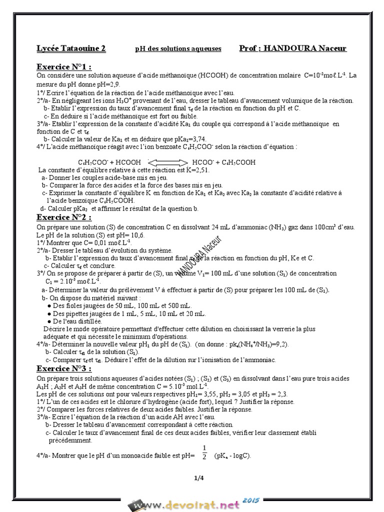 Exercices corrigés sur le pH et solutions | PDF | Ph | Constante d'acidité