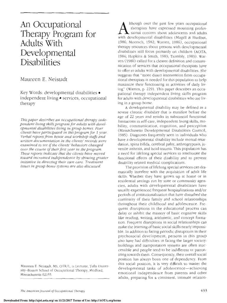 Occupational Therapy Program For Adults With Developmental Disabilities