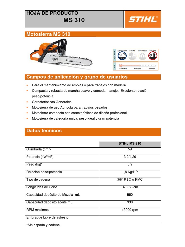 Ficha Técnica Motosierra STIHL MS 310 | PDF | Naturaleza | Energía y ...
