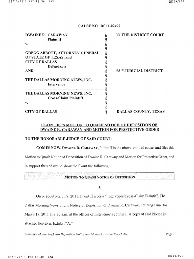 Caraway Motion to Quash Deposition Deposition (Law) Intervention (Law)