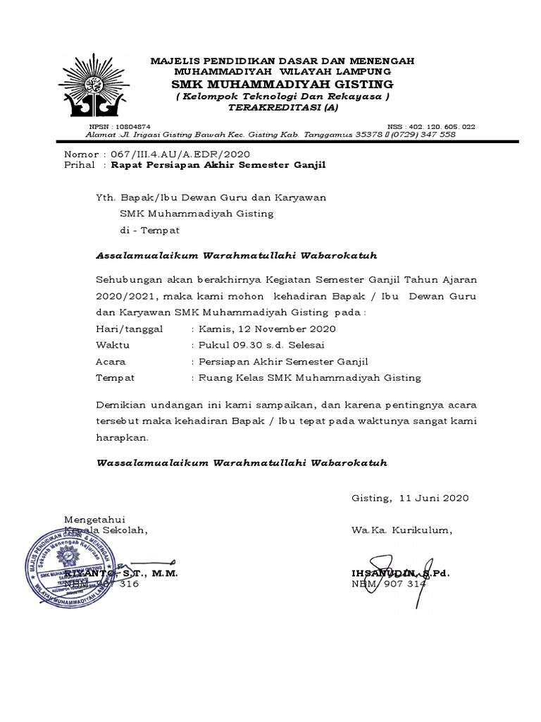 Undangan Rapat Akhir Semester Ganjil Gukar | PDF
