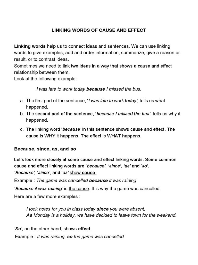 Linking Words Of Cause And Effect Pdf Adjective Causality