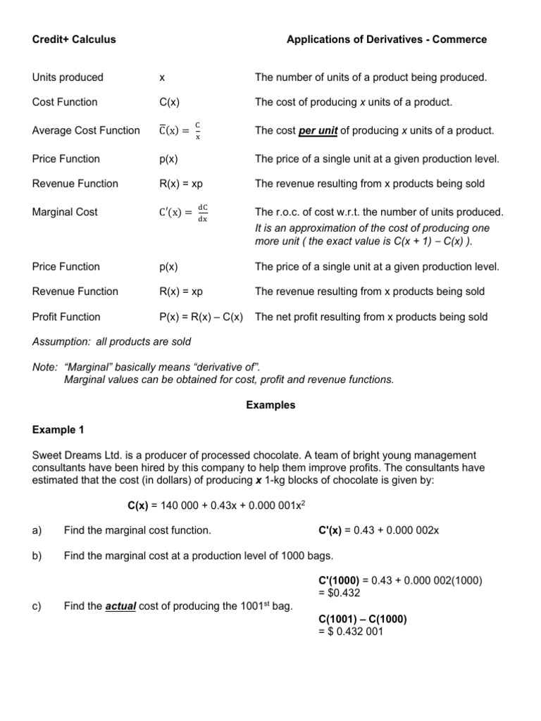Calculus in Commerce: Derivatives | PDF | Prices | Cost