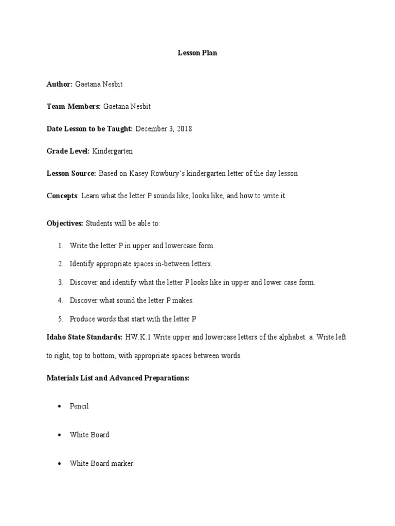 Kindergarten Letter P Lesson Plan | Download Free PDF | Lesson Plan ...