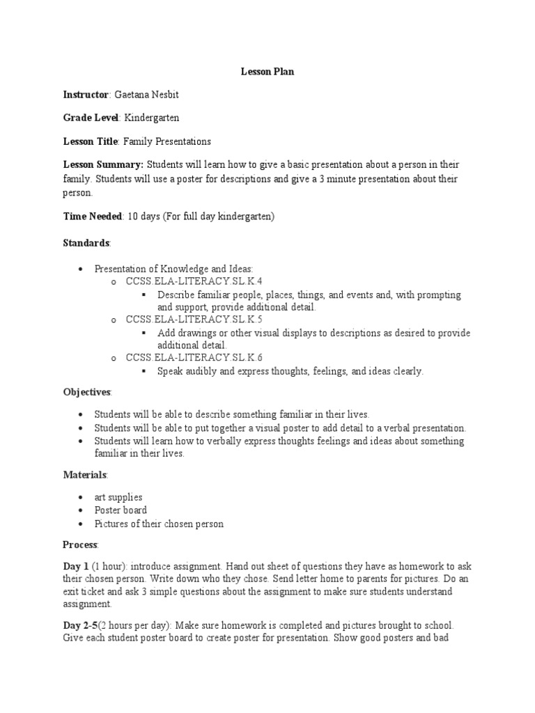 Kindergarten Family Presenation Lesson Plan | PDF | Lesson Plan | Homework