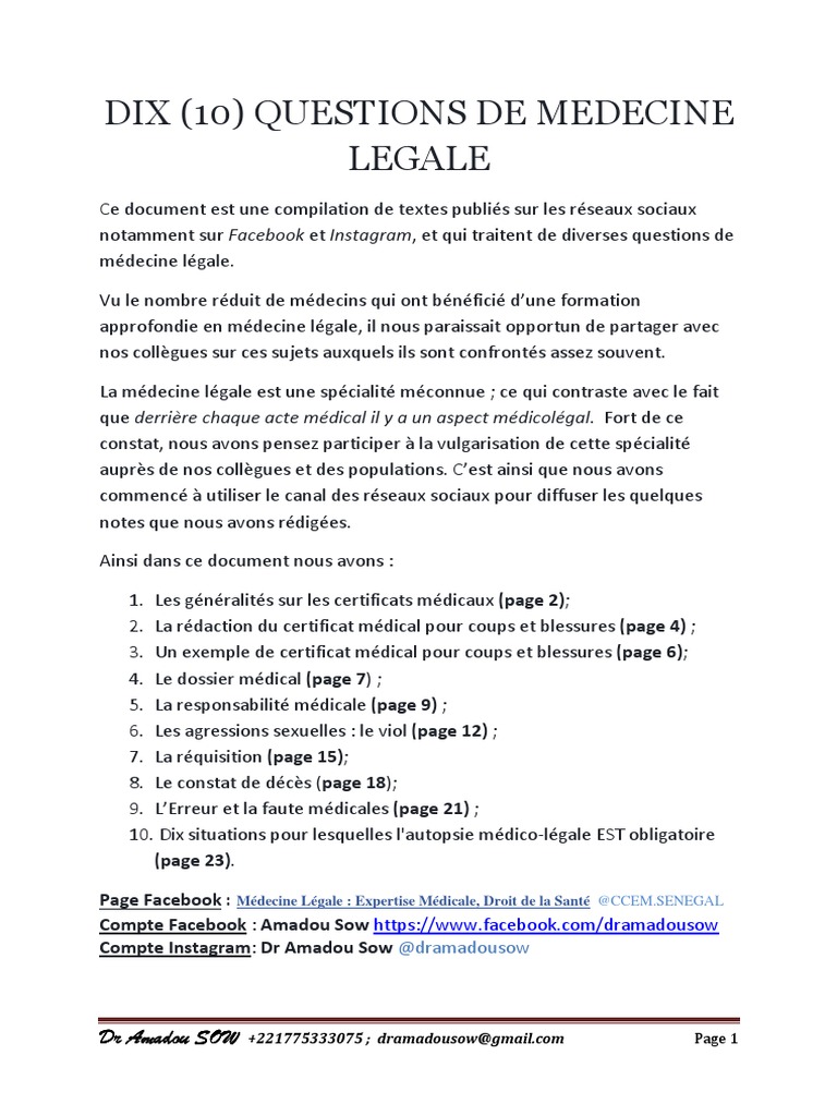 Questions de Médecine Légale Essentielles PDF Viol Médecin — free download