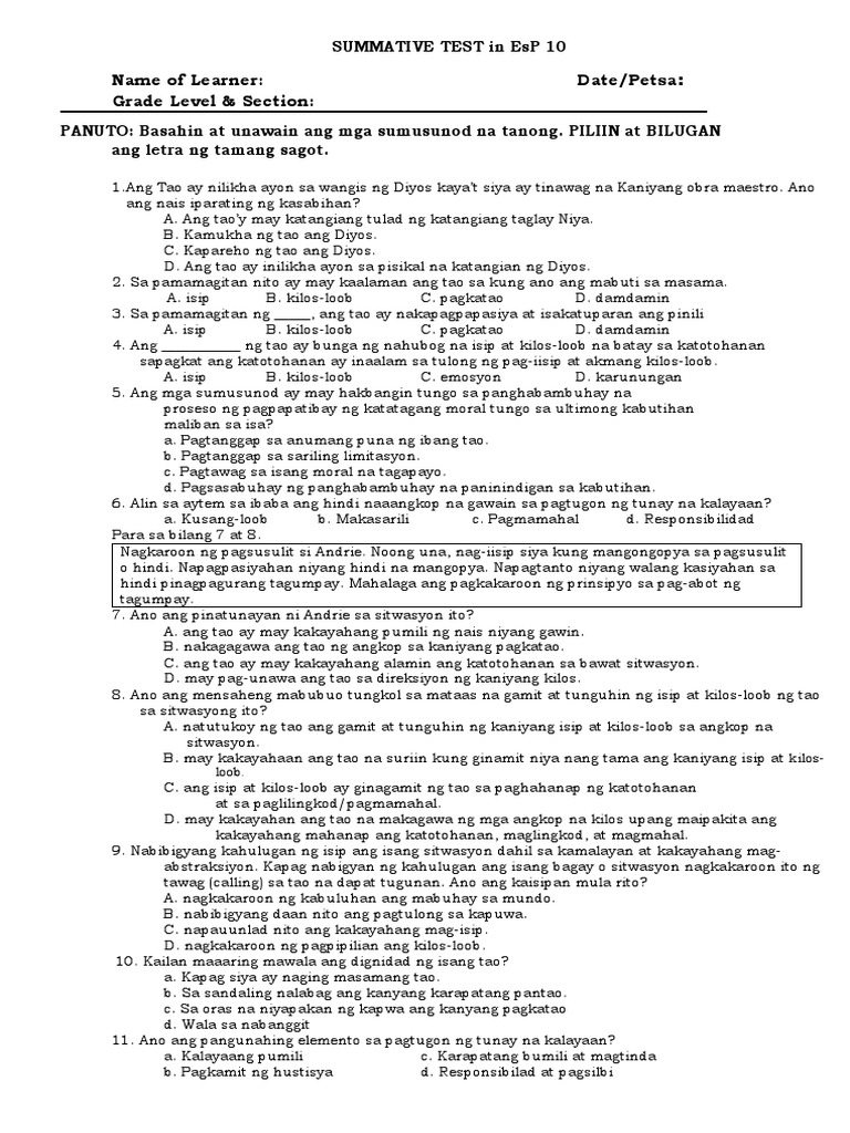 SUMMATIVE TEST in EsP 10 | PDF