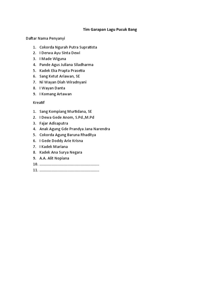 Tim Kreatif Lagu Pucuk Bang | PDF