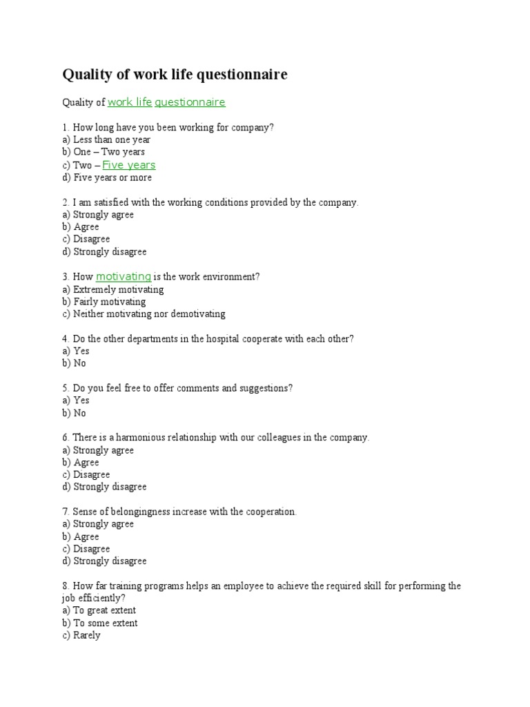 Quality of work life questionnaire