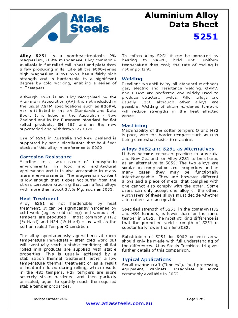 5251 Aluminum Alloy Data Sheet | PDF | Sheet Metal | Alloy