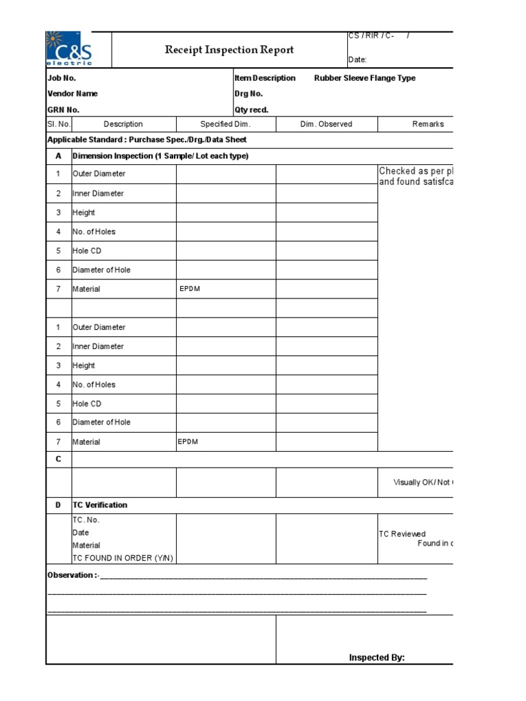 Receipt Inspection Report: Checked As Per Plan and Found Satisfcatory ...