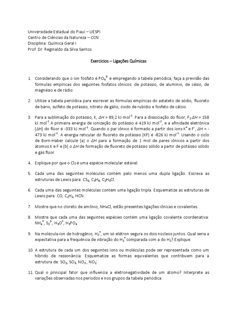 Terceira Lista De Exercicios Pdf Ligação Química Ligação Covalente