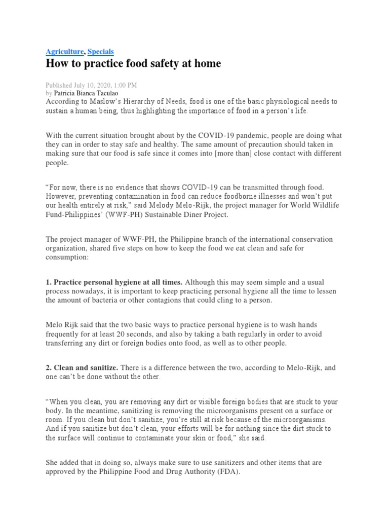 MB Taculao How To Practice Food Safety at Home PDF Hygiene