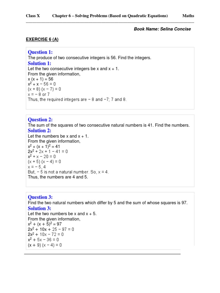 Solution 1:: Class X Chapter 6 - Solving Problems (Based On Quadratic ...